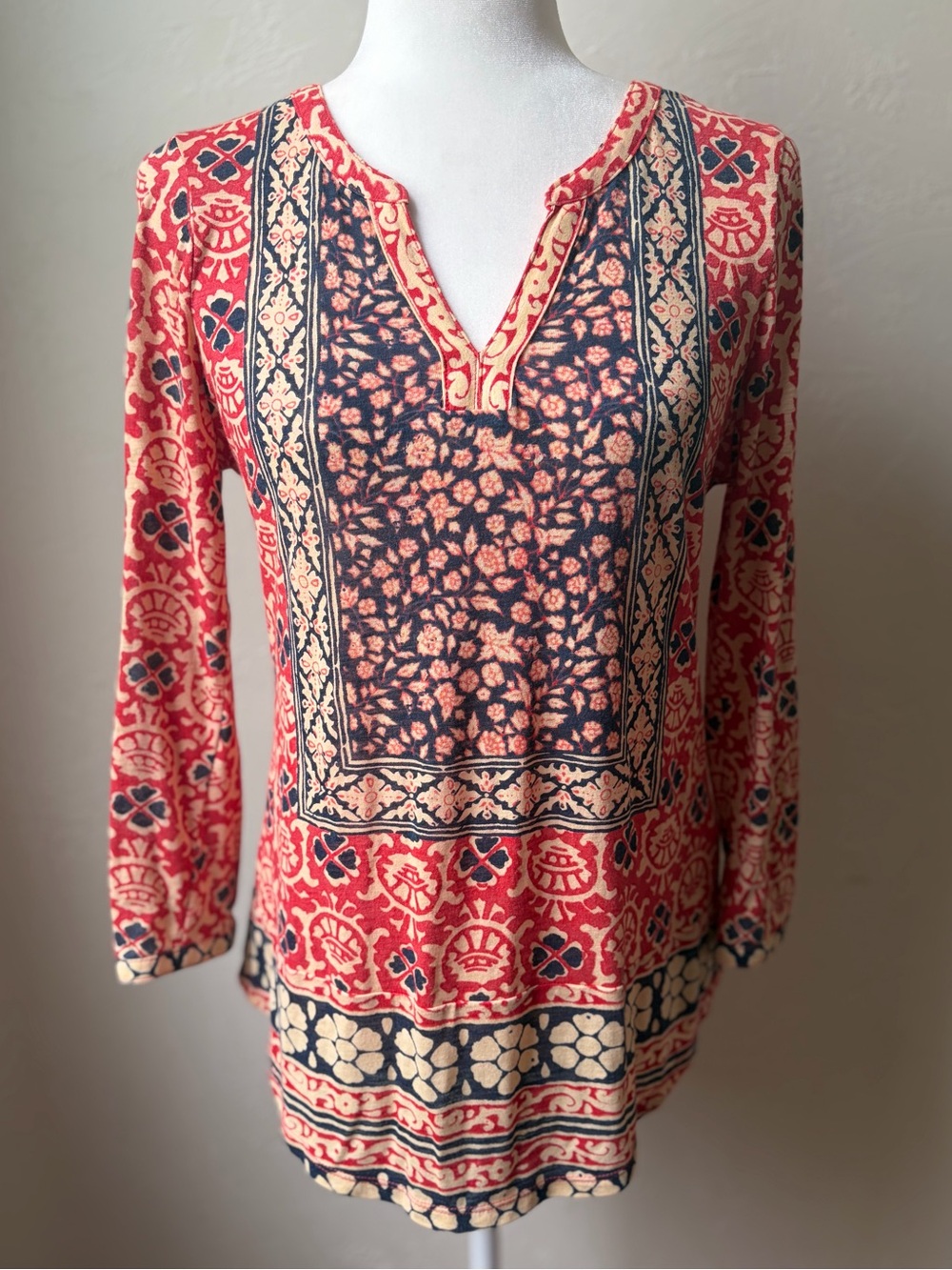 Lucky Brand Mixed Print Boho Knit Top Split Neck Long Sleeve Small